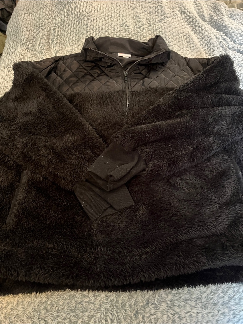 LuLaRoe Black Quilted Faux-Fur Half Zip Pullover